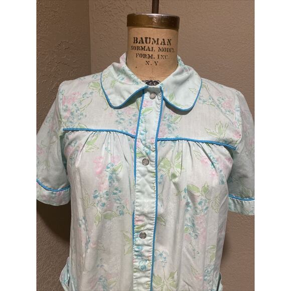 Vintage Blue Green Floral Eyeful Cotton Snap Up Nightgown Size M - Picture 2 of 11